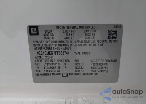 2015 Chevrolet Silverado 2500Hd Wt из США, поврежденный, VIN 1GC1CUEG7FF633741